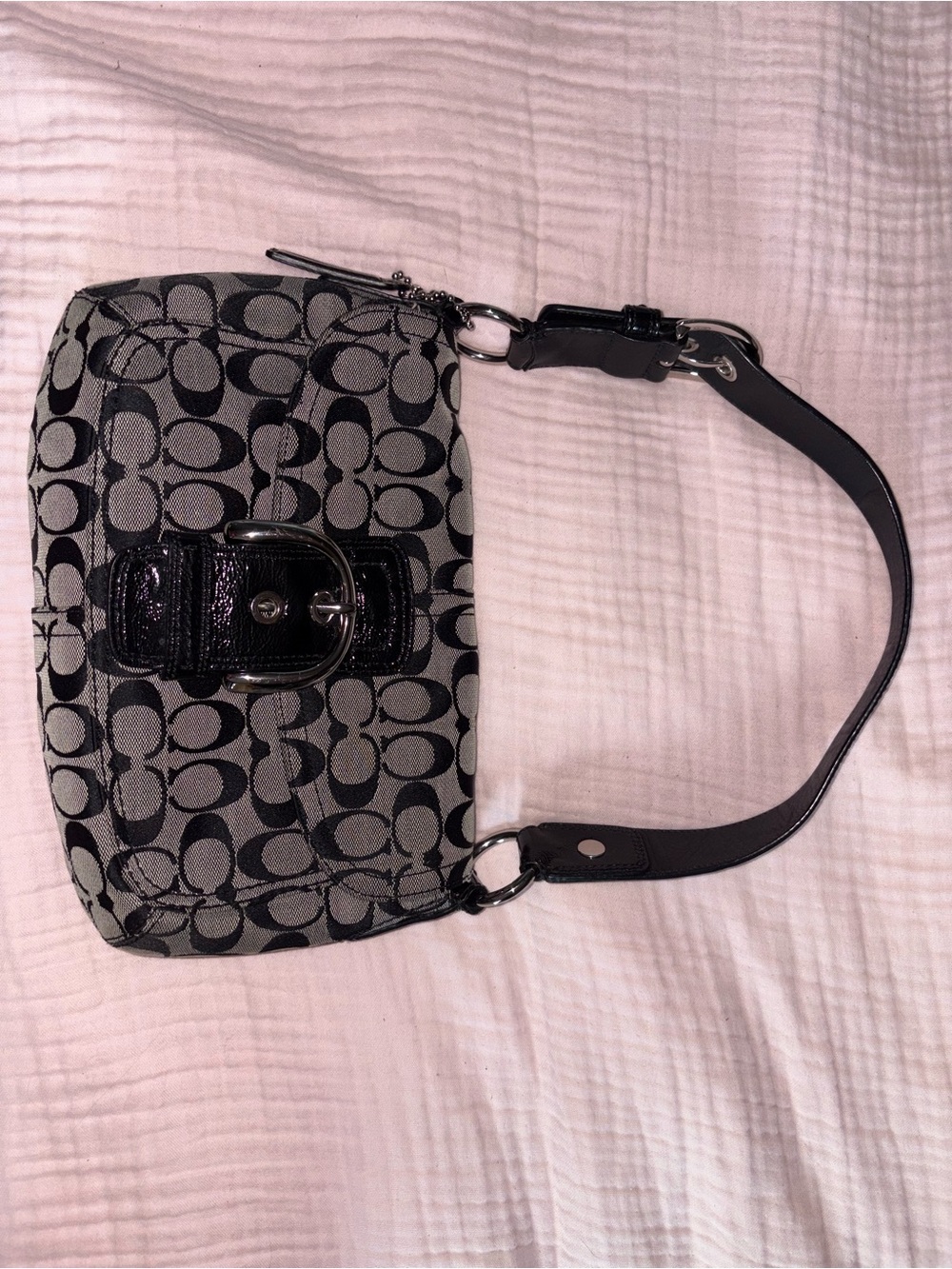 Designer-Style Black & Gray Signature Print Shoulder Bag Coach